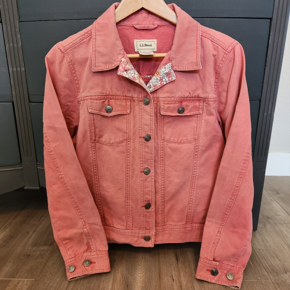 LL Bean Pink Floral Denim Jacket Size Small REG